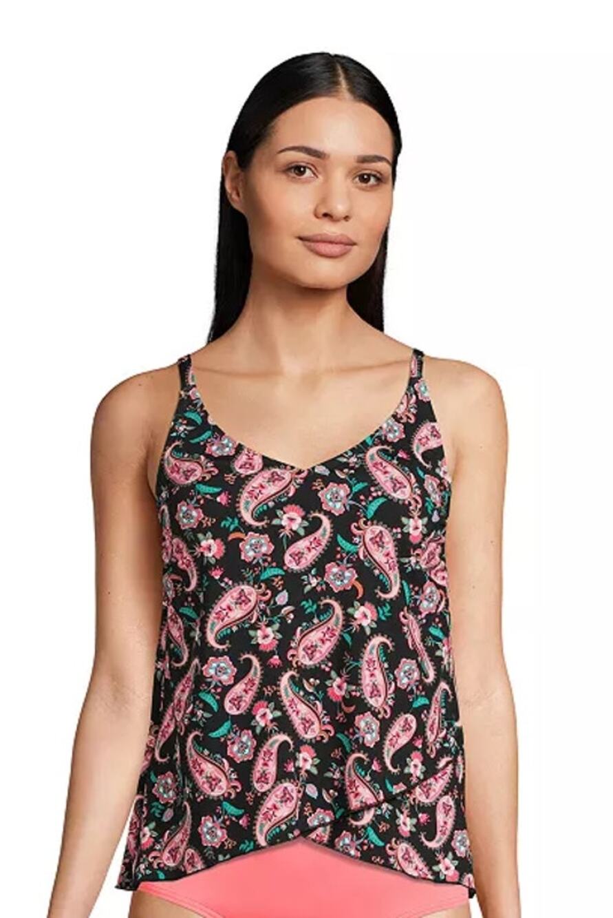 Lands' End Women's Size L Tulip Hem Tankini Swim Top Pink Black Paisley Floral